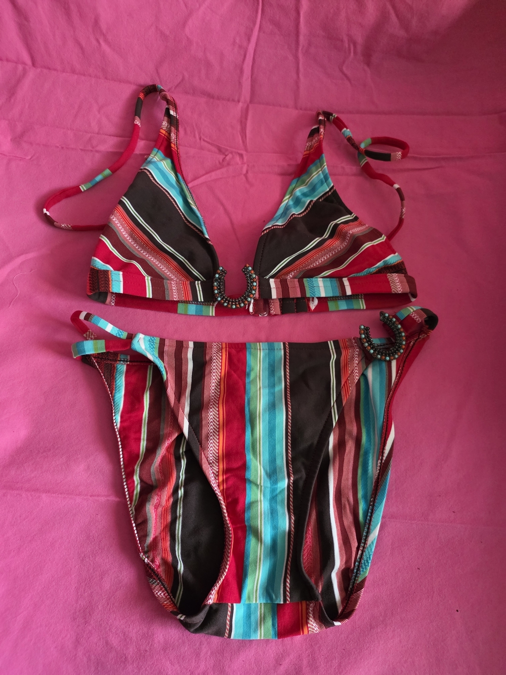 Striped Red and Teal Girls Two-Piece Swimsuit
